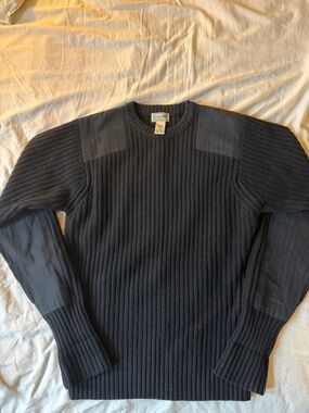 L.L. Bean Men's Black Ribbed Crewneck Sweater with Shoulder & Elbow Patches wool